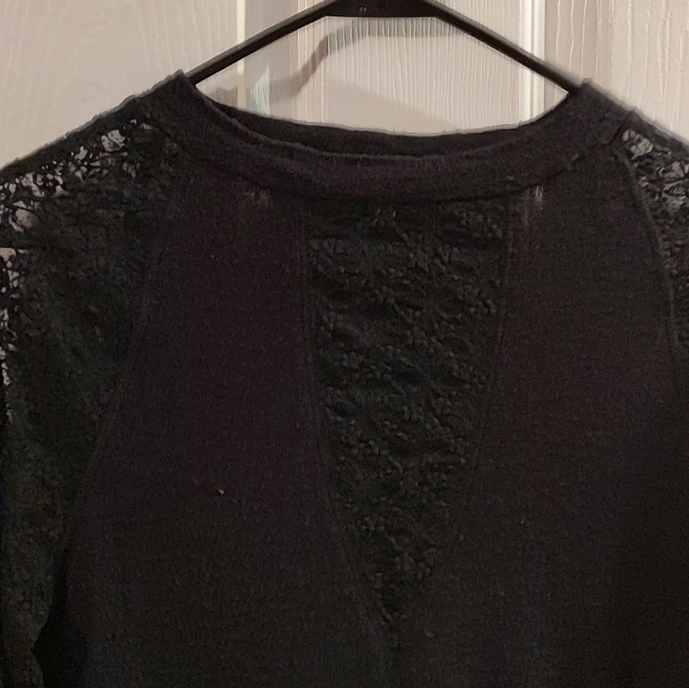 EUC black sweater with lace arms and neck